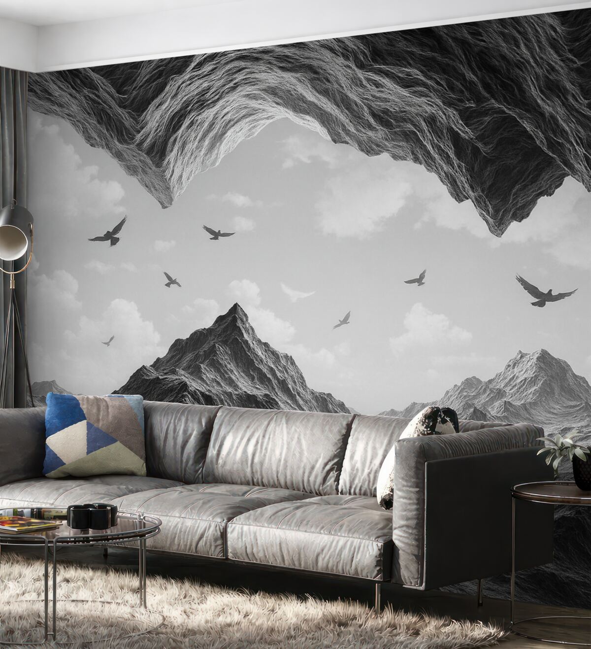 Fototapeta Krajobraz górski, realizm, ptaki w locie, przyroda, chmury, kolory czarno-białe.