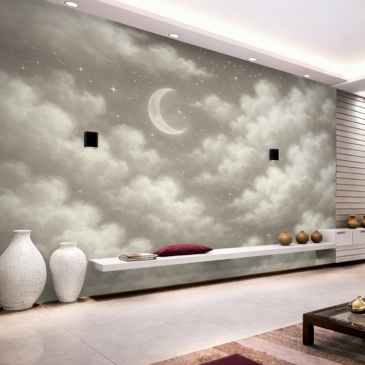 Fototapeta Nocne niebo z miesiącem i chmurami, marzycielskie, eterealne, subtelne beżowe odcienie.