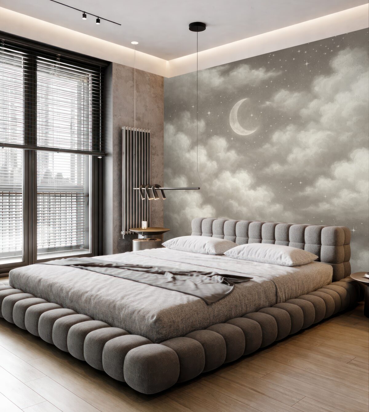 Fototapeta Nocne niebo z miesiącem i chmurami, marzycielskie, eterealne, subtelne beżowe odcienie.