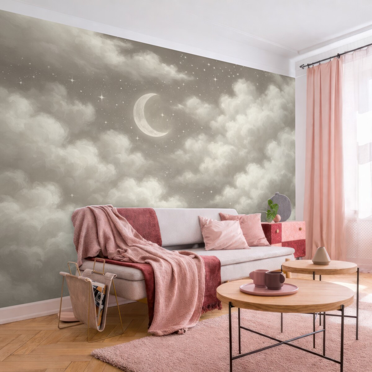 Fototapeta Nocne niebo z miesiącem i chmurami, marzycielskie, eterealne, subtelne beżowe odcienie.