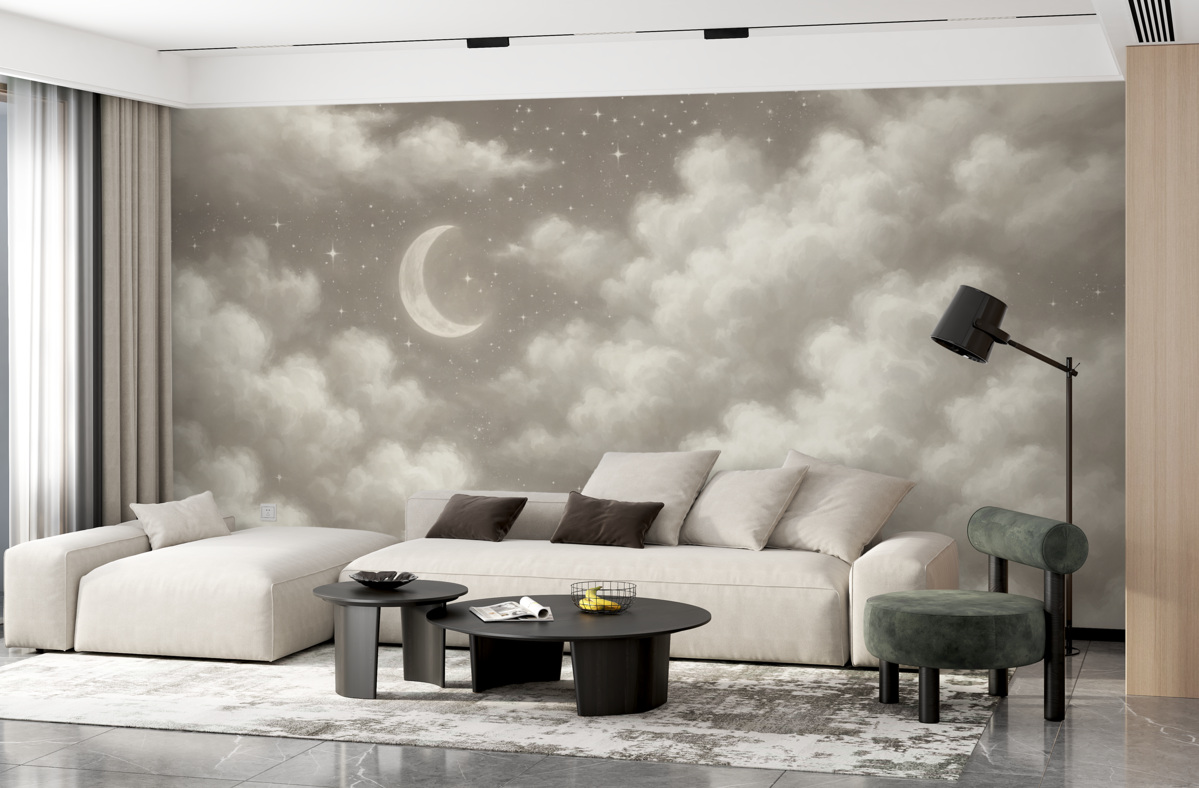 Fototapeta Nocne niebo z miesiącem i chmurami, marzycielskie, eterealne, subtelne beżowe odcienie.