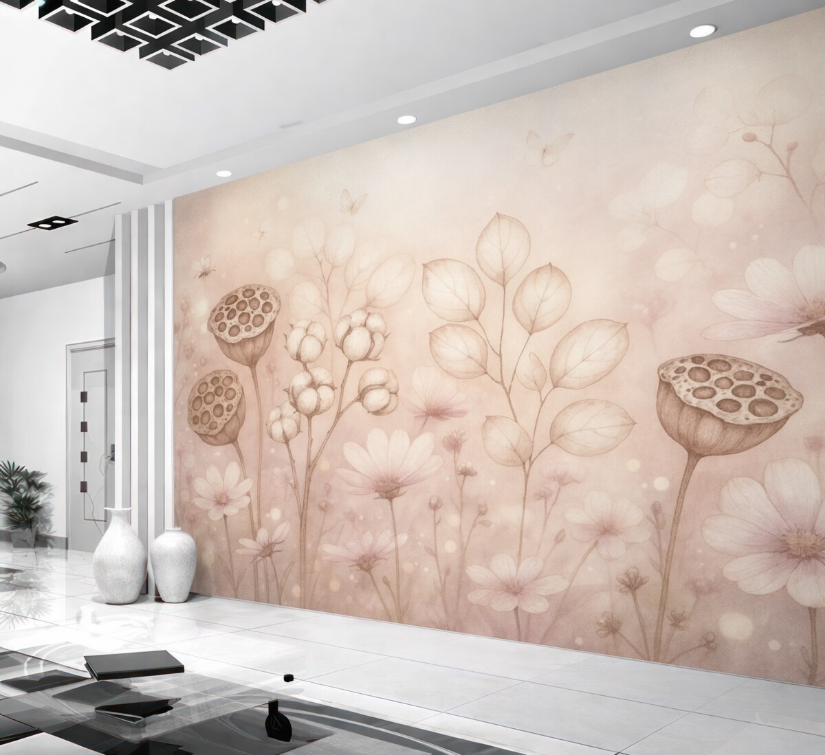 Fototapeta Ogród marzeń pełen kwiatów, motyl, kwiaty bawełniane, lilie wodne, odcienie różu.