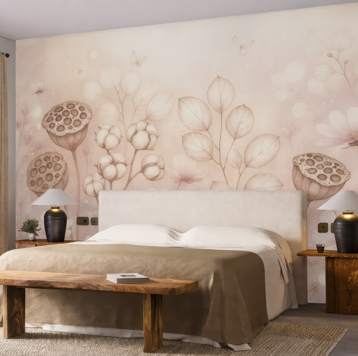 Fototapeta Ogród marzeń pełen kwiatów, motyl, kwiaty bawełniane, lilie wodne, odcienie różu.