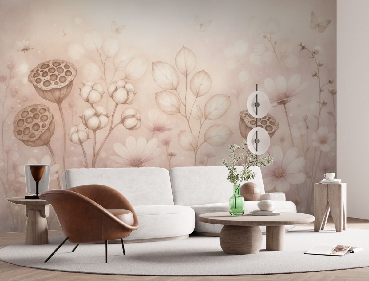 Fototapeta Ogród marzeń pełen kwiatów, motyl, kwiaty bawełniane, lilie wodne, odcienie różu.