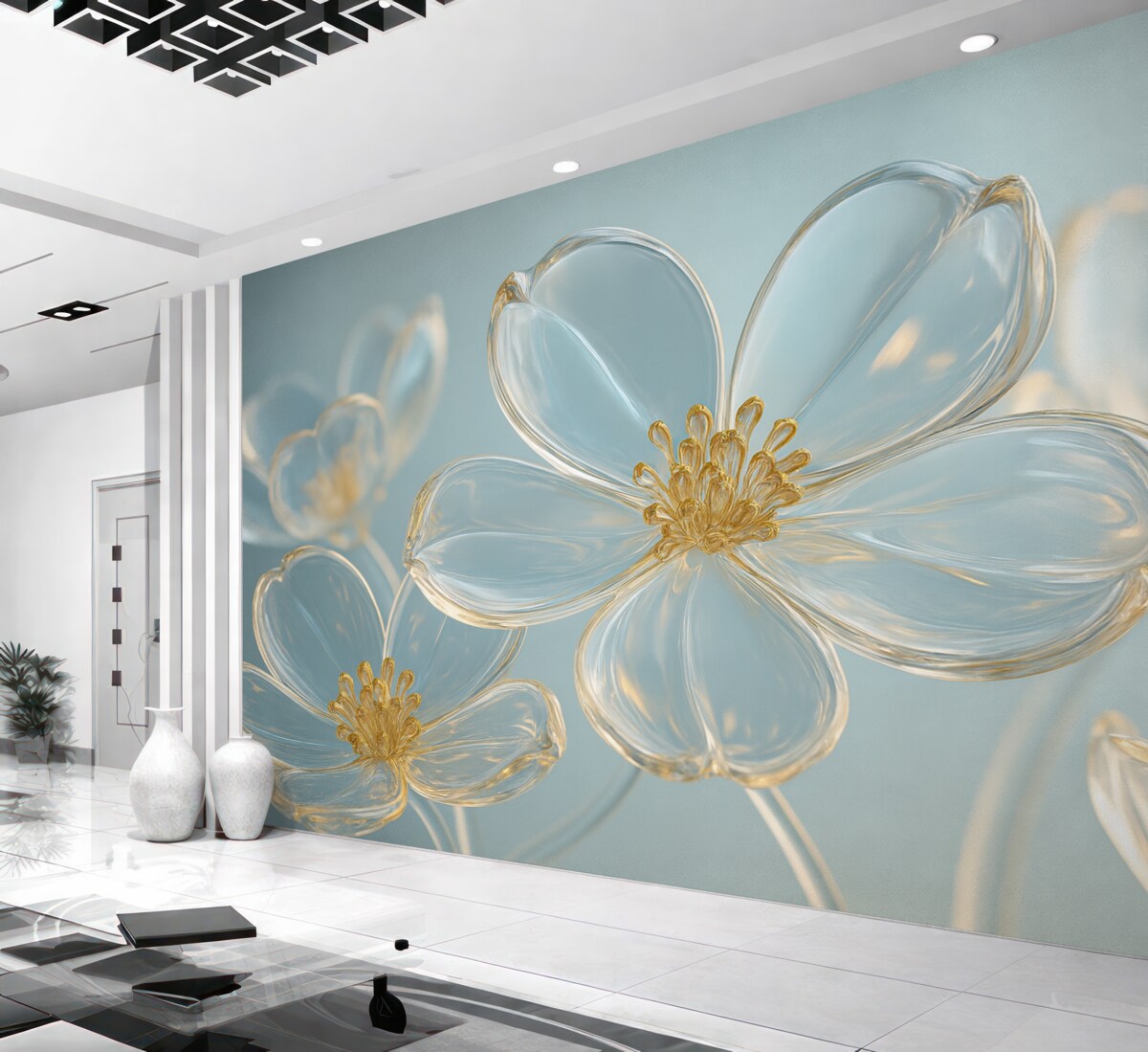 Fototapeta spore szklane kwiaty w granatowych tonacjach