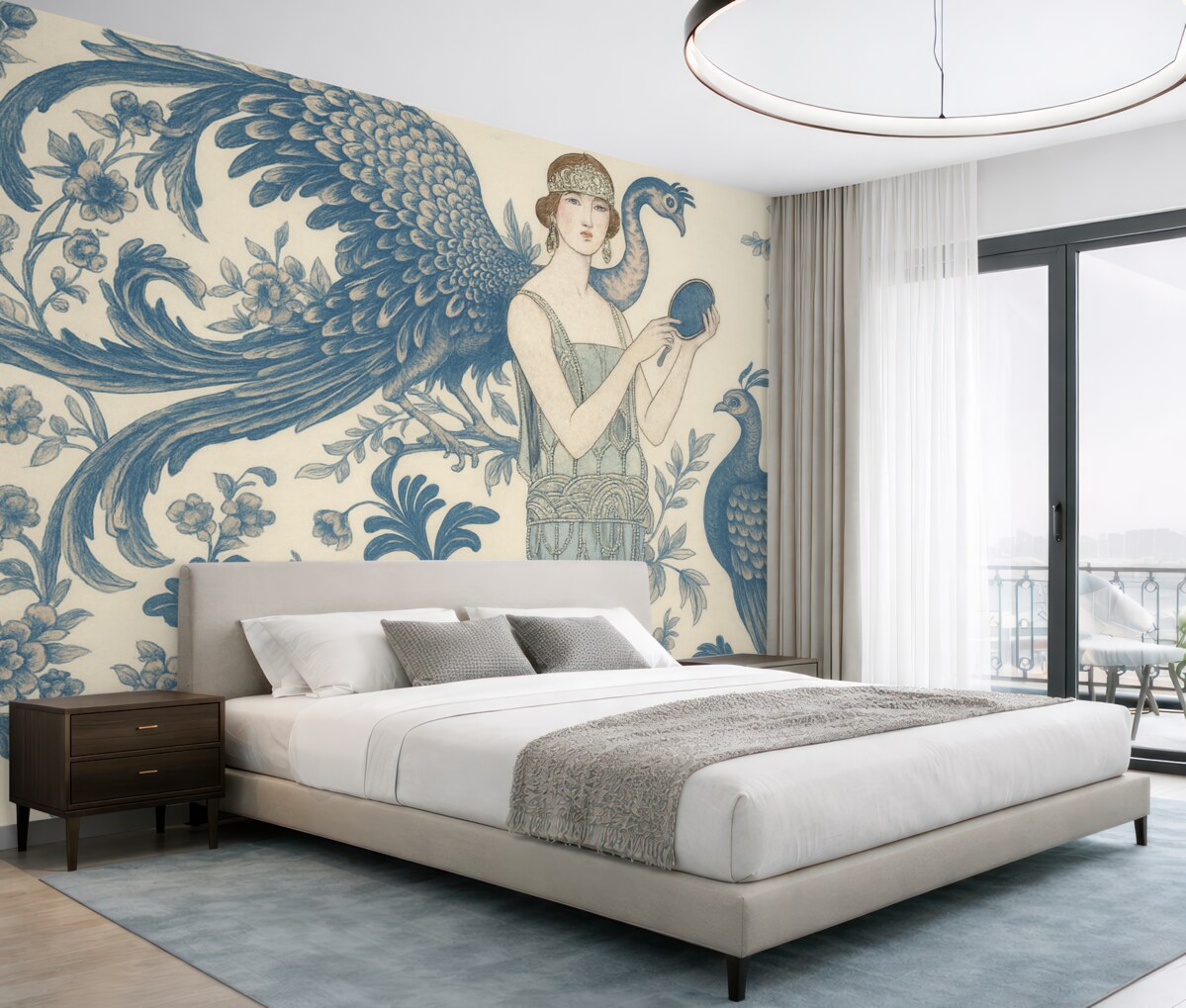 Fototapeta Stylowy kwiatowy motyw w stylu retro z kobietą w odcieniach niebieskiego i różowego.