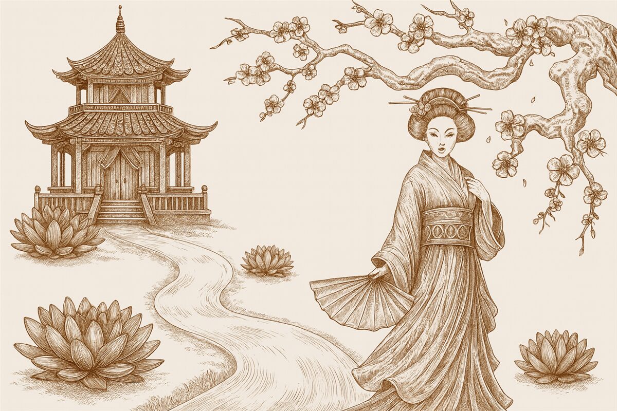 Fototapeta Zabytkowy dom w azjatyckim stylu, dziewczyna w klasycznym ubraniu, kwitnąca wiśnia.