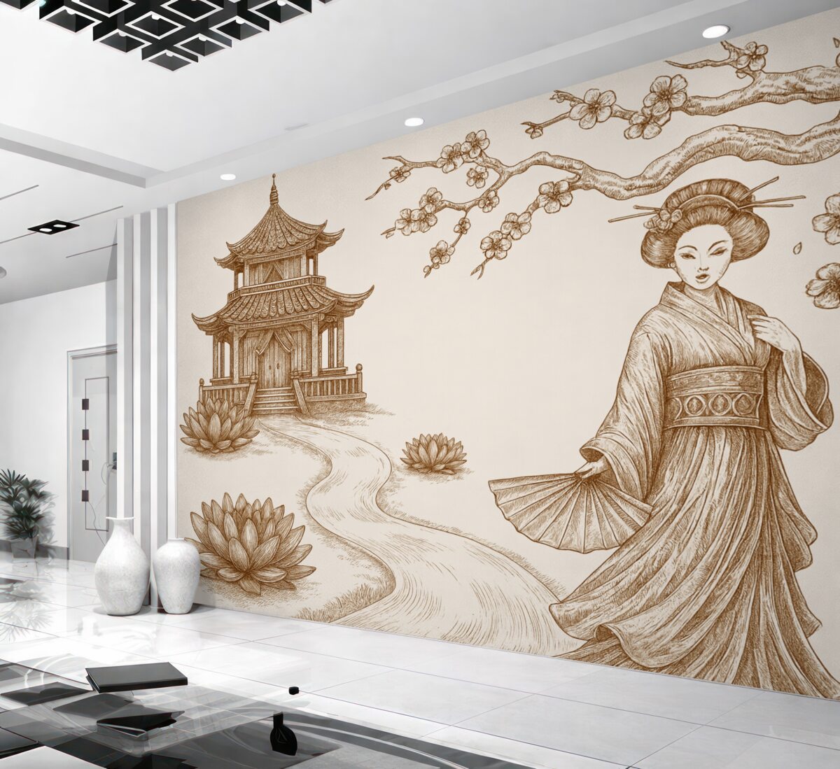 Fototapeta Zabytkowy dom w azjatyckim stylu, dziewczyna w klasycznym ubraniu, kwitnąca wiśnia.