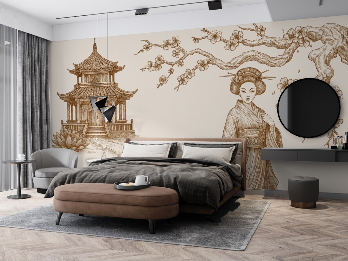 Fototapeta Zabytkowy dom w azjatyckim stylu, dziewczyna w klasycznym ubraniu, kwitnąca wiśnia.