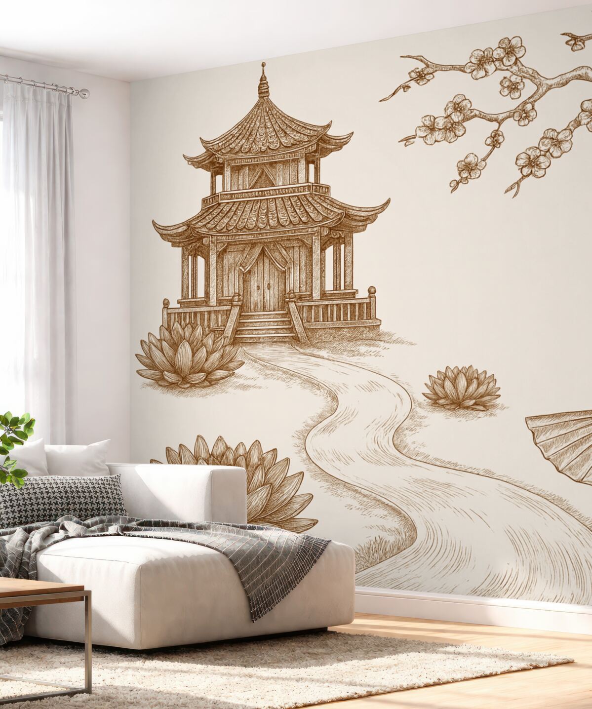 Fototapeta Zabytkowy dom w azjatyckim stylu, dziewczyna w klasycznym ubraniu, kwitnąca wiśnia.