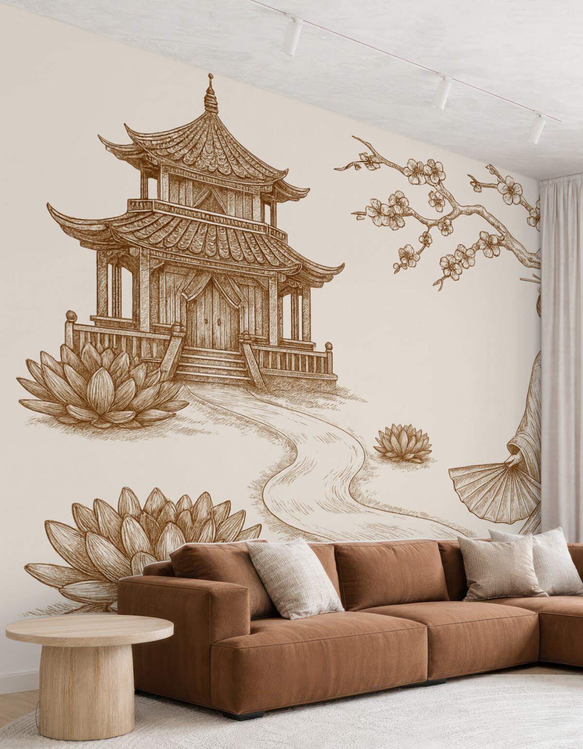 Fototapeta Zabytkowy dom w azjatyckim stylu, dziewczyna w klasycznym ubraniu, kwitnąca wiśnia.