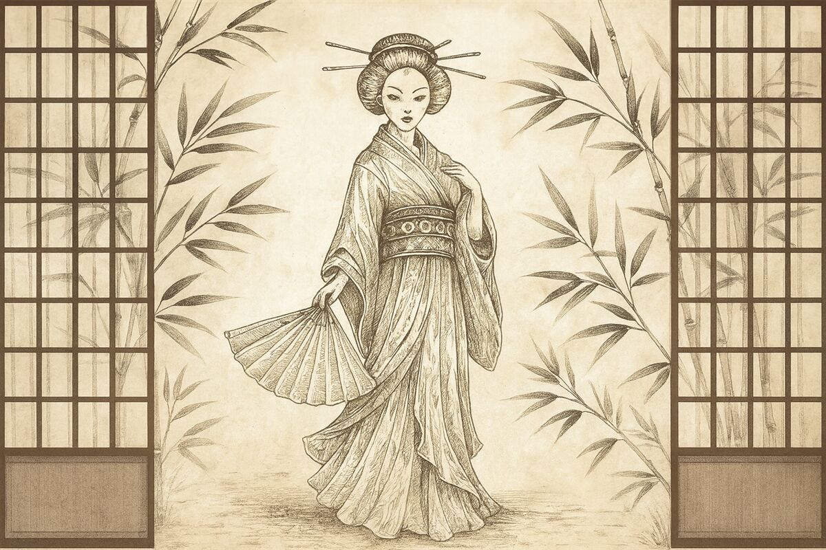 Fototapeta Zabytkowy budynek w azjatyckim stylu, młoda kobieta w tradycyjnym ubiorze, kwiaty wiśni, kwiaty wiśni, Shoji.