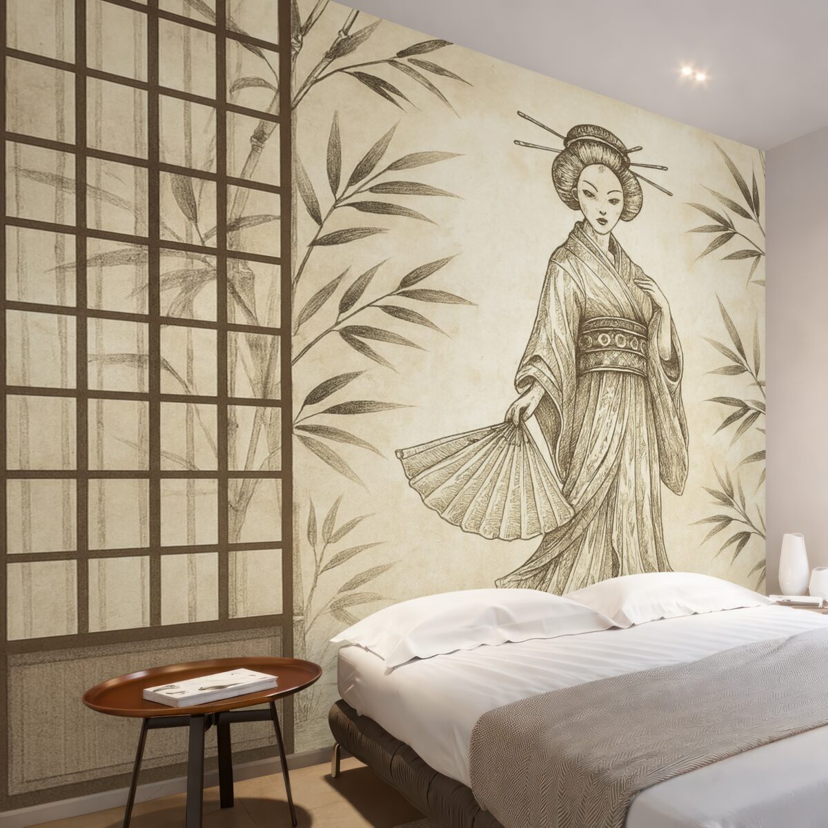 Fototapeta Zabytkowy budynek w azjatyckim stylu, młoda kobieta w tradycyjnym ubiorze, kwiaty wiśni, kwiaty wiśni, Shoji.