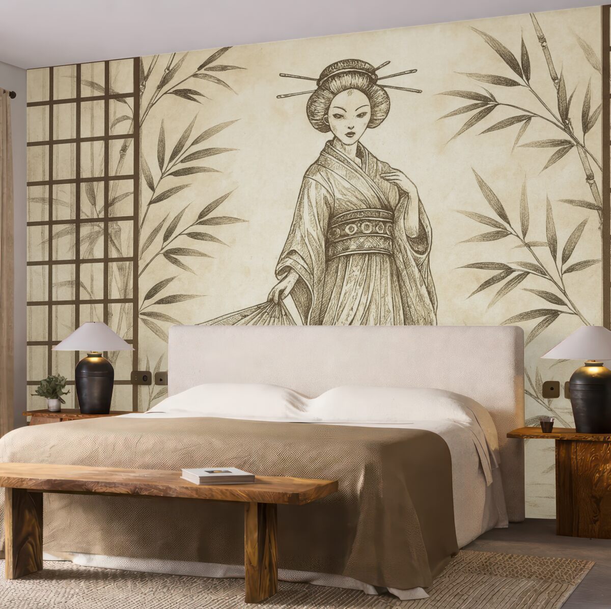 Fototapeta Zabytkowy budynek w azjatyckim stylu, młoda kobieta w tradycyjnym ubiorze, kwiaty wiśni, kwiaty wiśni, Shoji.