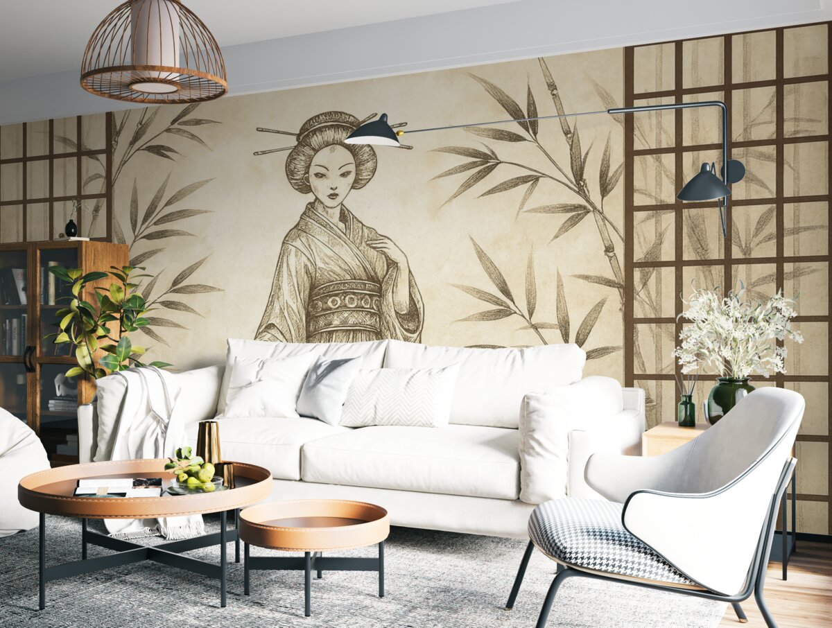 Fototapeta Zabytkowy budynek w azjatyckim stylu, młoda kobieta w tradycyjnym ubiorze, kwiaty wiśni, kwiaty wiśni, Shoji.