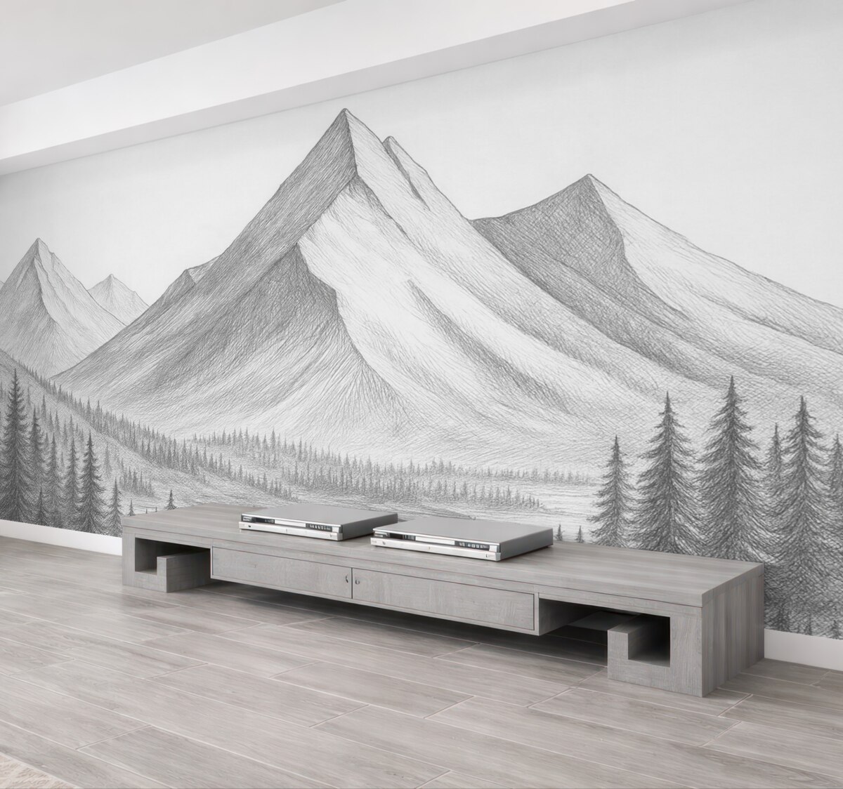 Fototapeta Góry i las, narysowane przy pomocy ołówka.