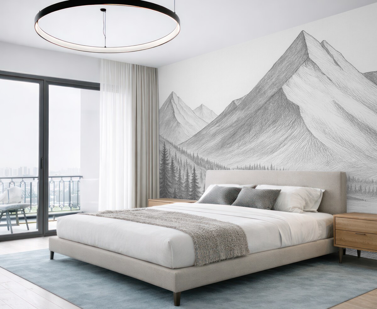 Fototapeta Góry i las, narysowane przy pomocy ołówka.