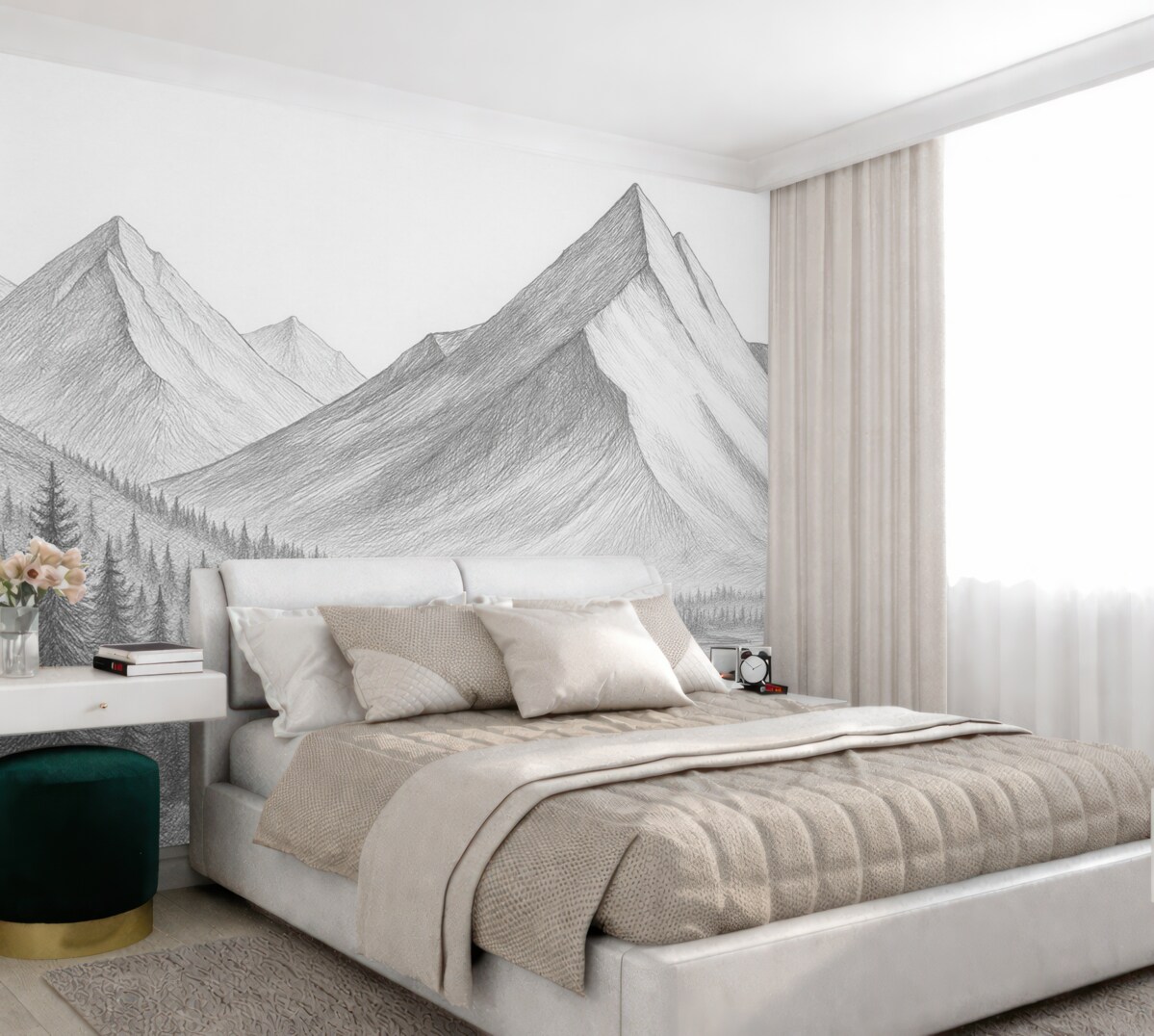 Fototapeta Góry i las, narysowane przy pomocy ołówka.