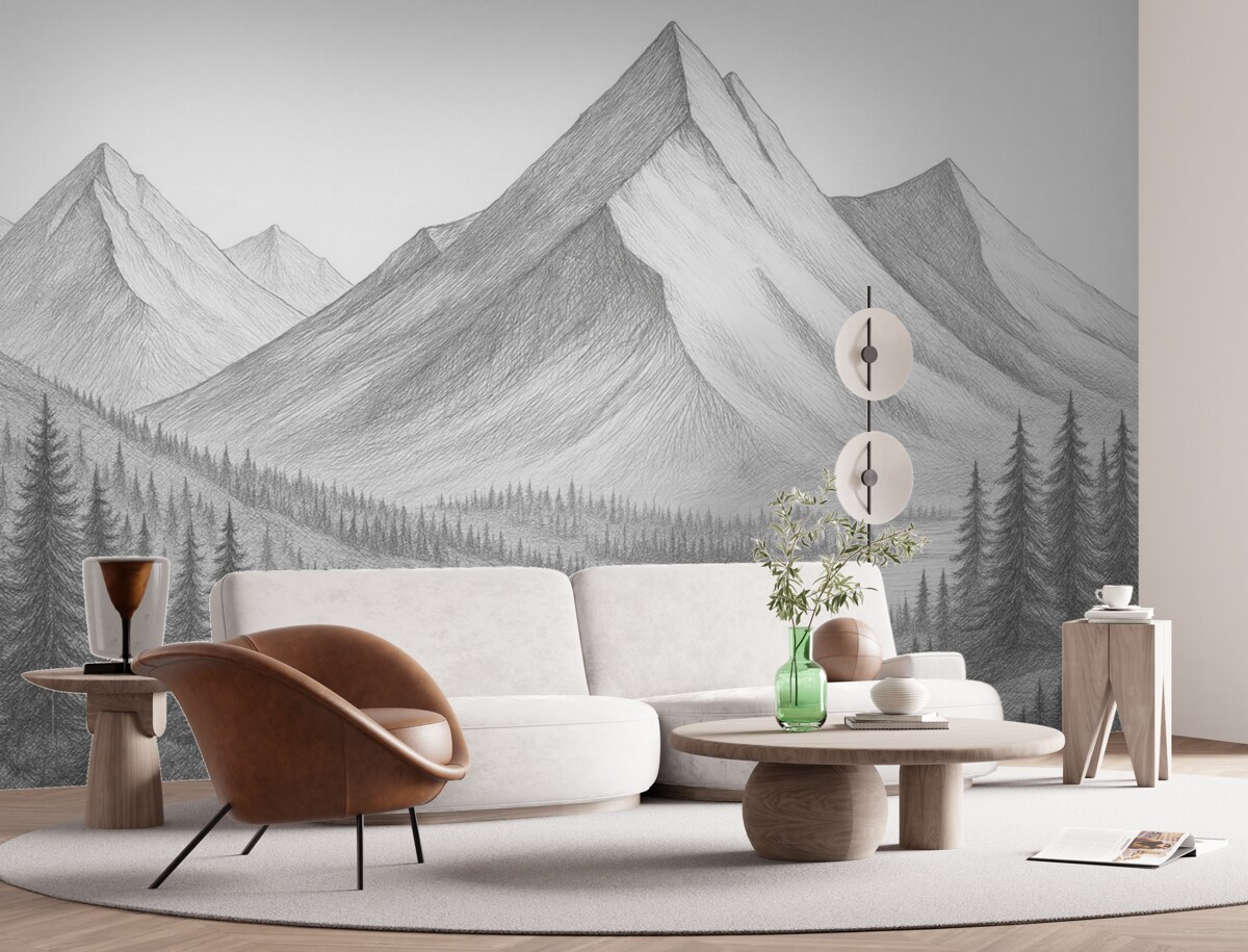 Fototapeta Góry i las, narysowane przy pomocy ołówka.