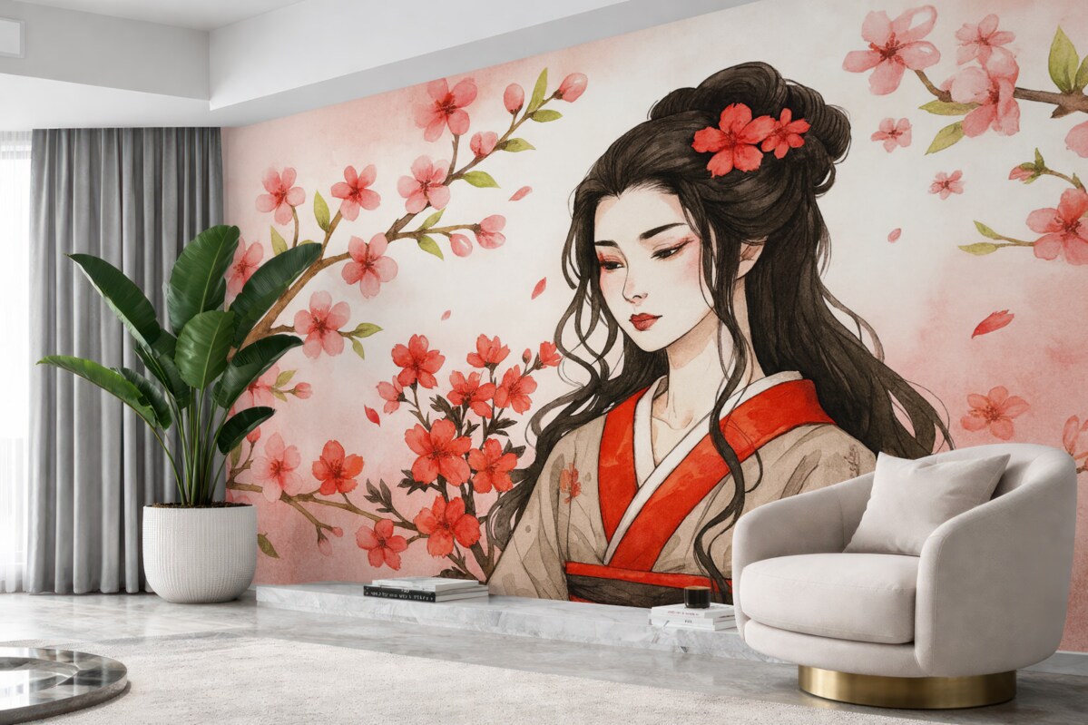 Fototapeta Dziewczyna w klasycznym ubraniu i kwiaty sakury.