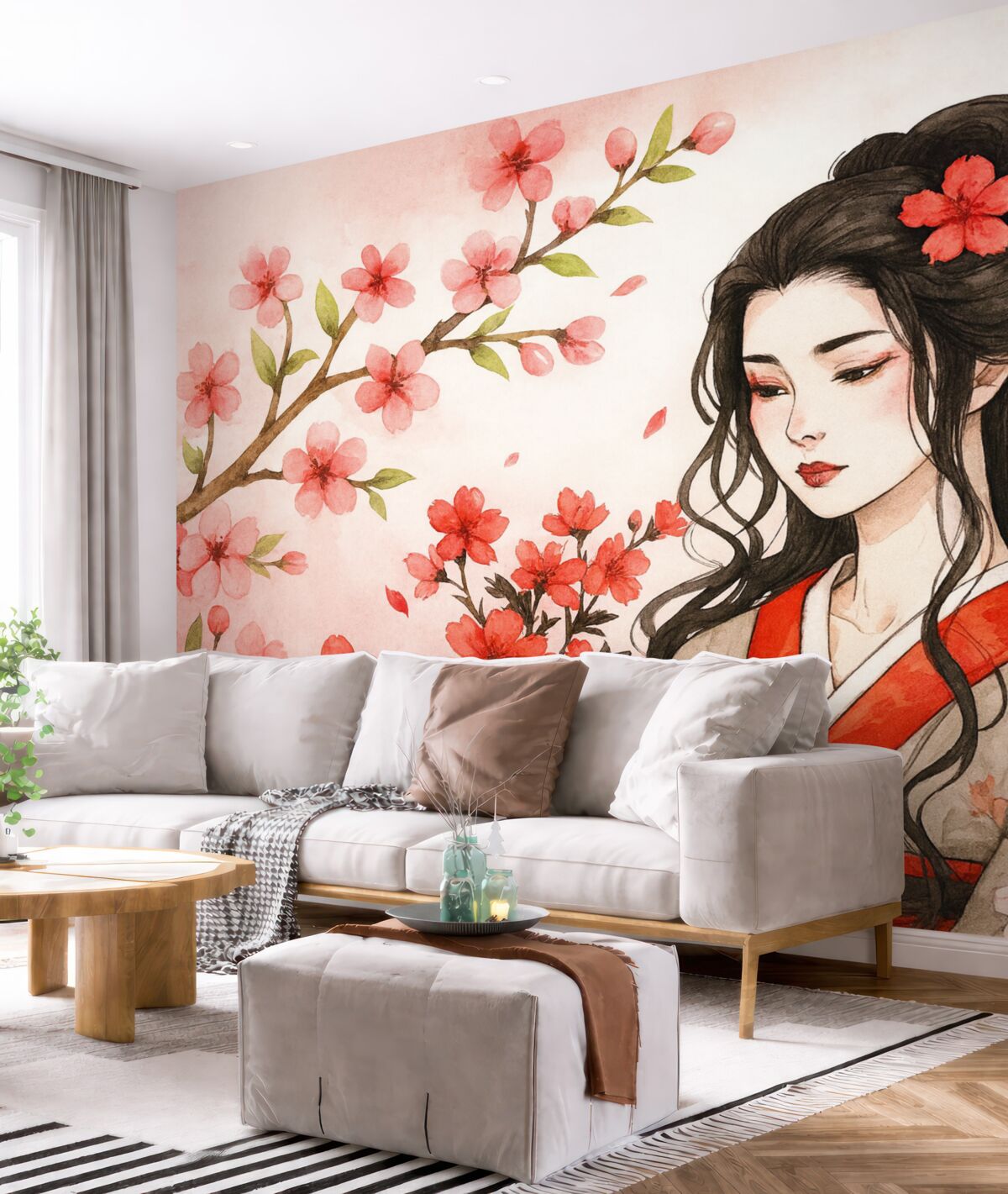 Fototapeta Dziewczyna w klasycznym ubraniu i kwiaty sakury.