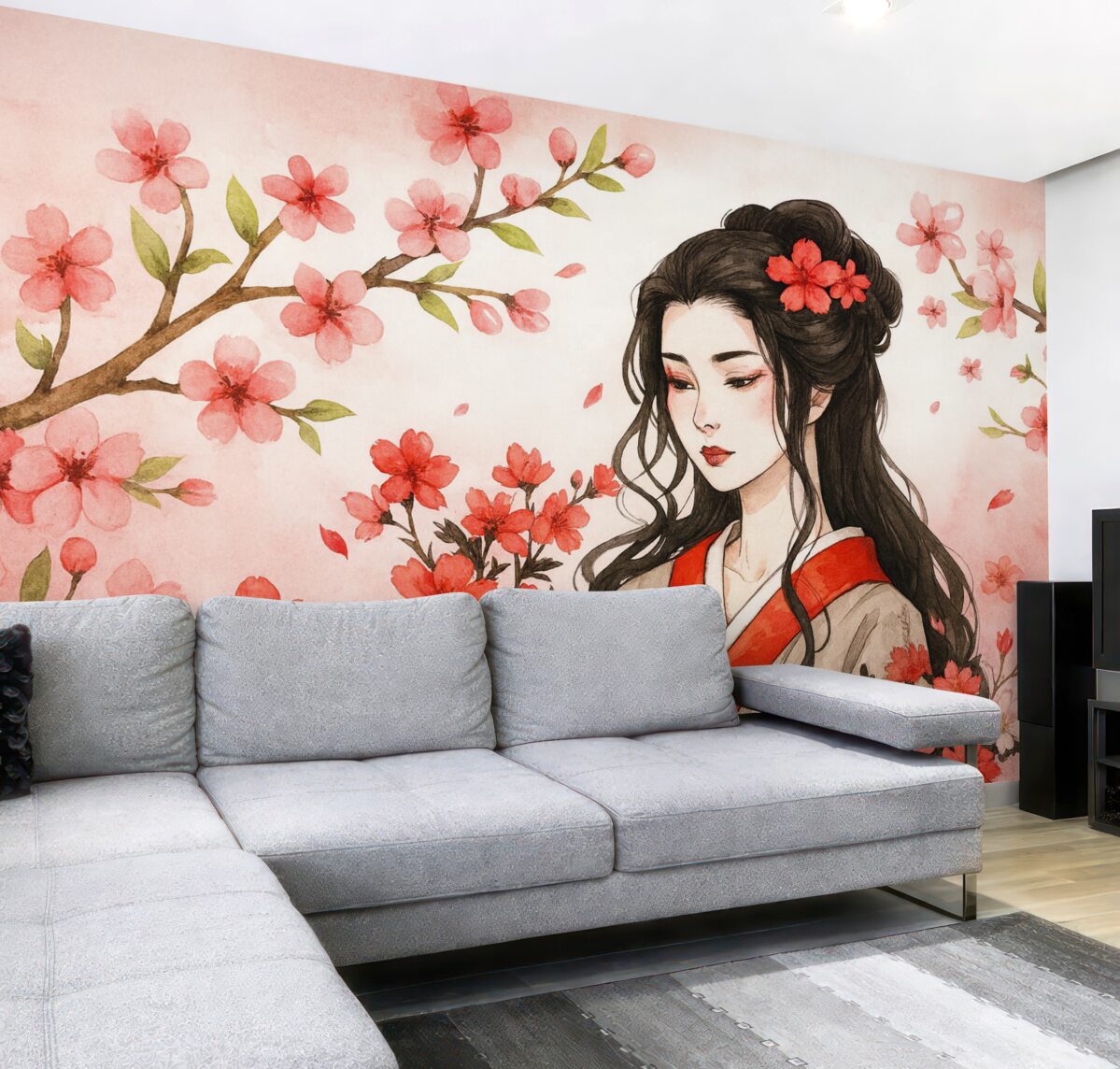 Fototapeta Dziewczyna w klasycznym ubraniu i kwiaty sakury.