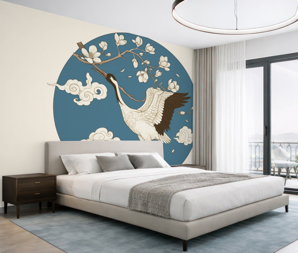 Fototapeta Rysunek w okręgu, kwiaty, chmury w stylu japońskim, żuraw, niebieski fragment.