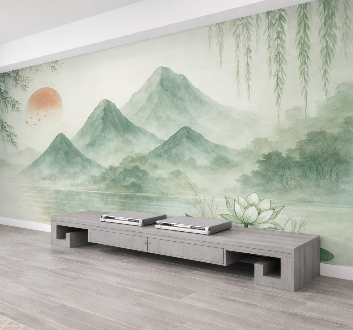 Fototapeta Świt, szczyty górskie i grzybienie.