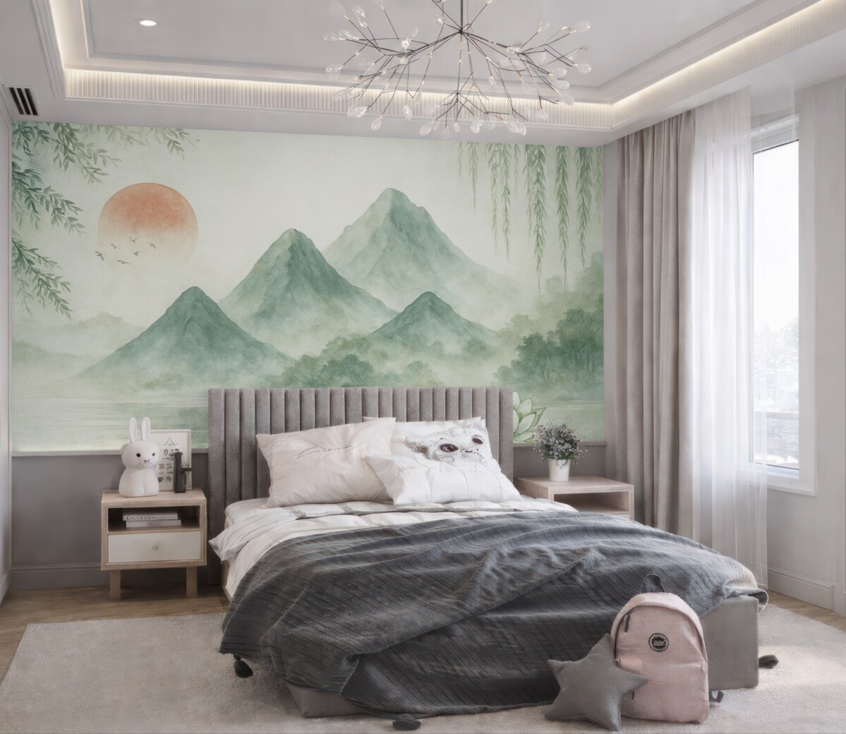 Fototapeta Świt, szczyty górskie i grzybienie.