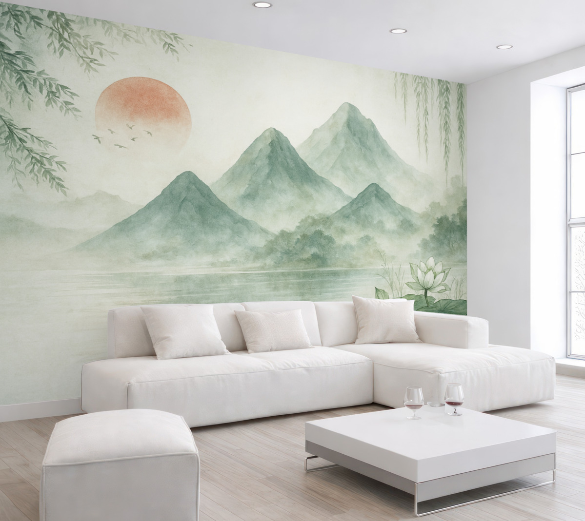 Fototapeta Świt, szczyty górskie i grzybienie.