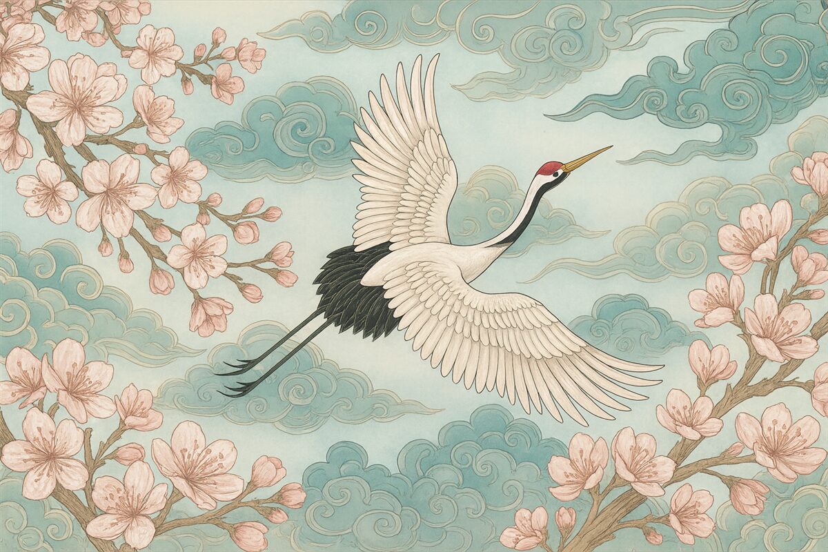 Fototapeta Żuraw, kwiaty, japońskie obłoki.