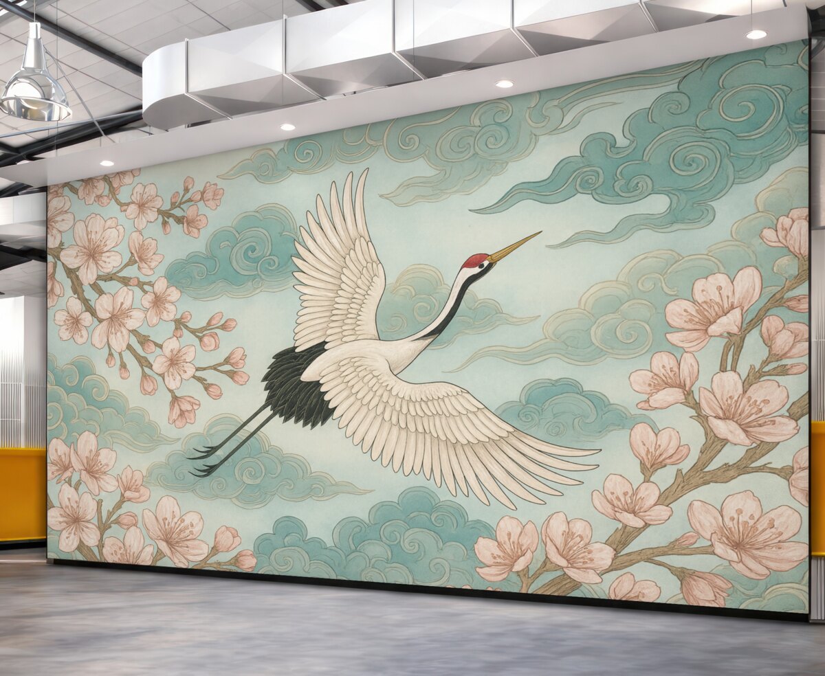 Fototapeta Żuraw, kwiaty, japońskie obłoki.