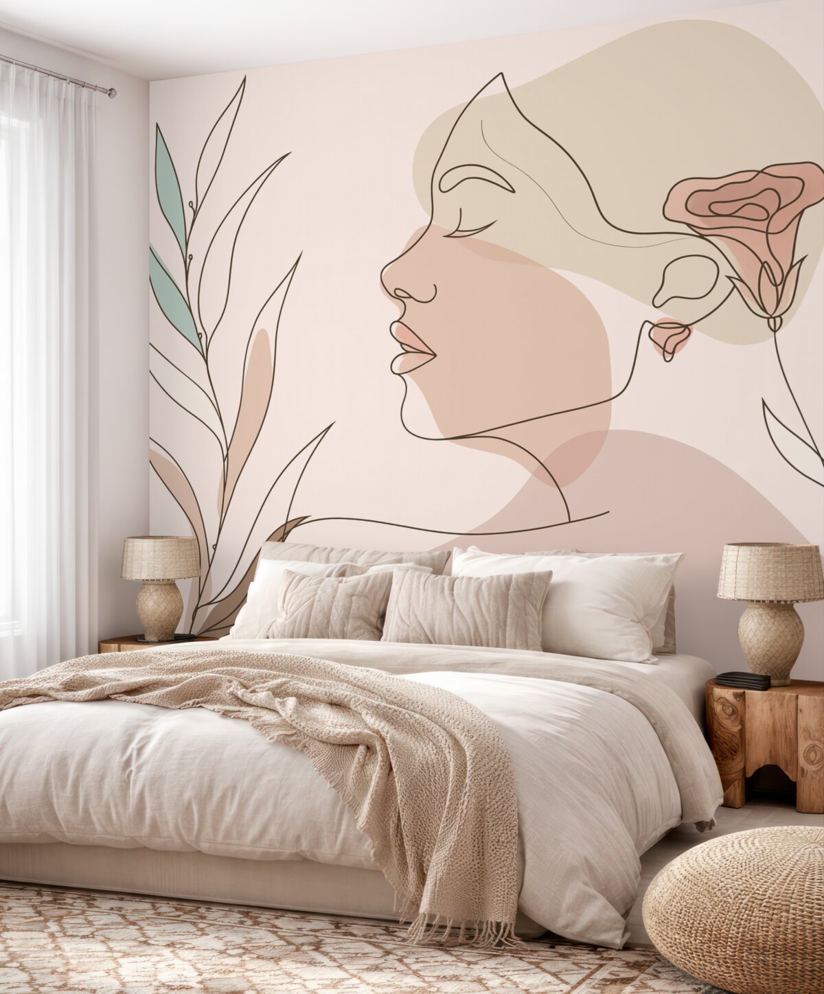 Fototapeta Dziewczyna z paskami, barwne kwiaty.