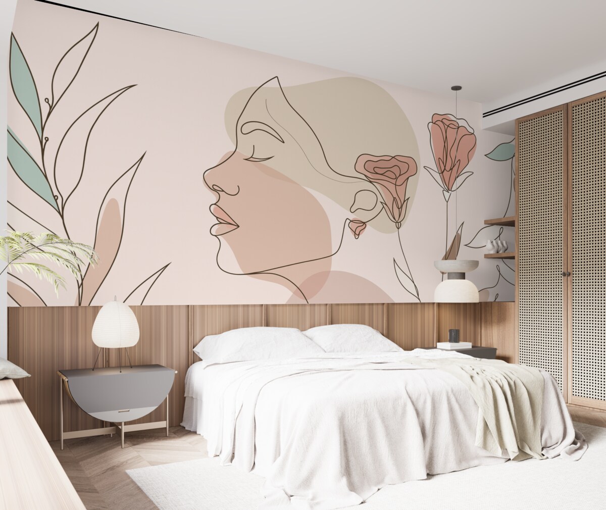 Fototapeta Dziewczyna z paskami, barwne kwiaty.