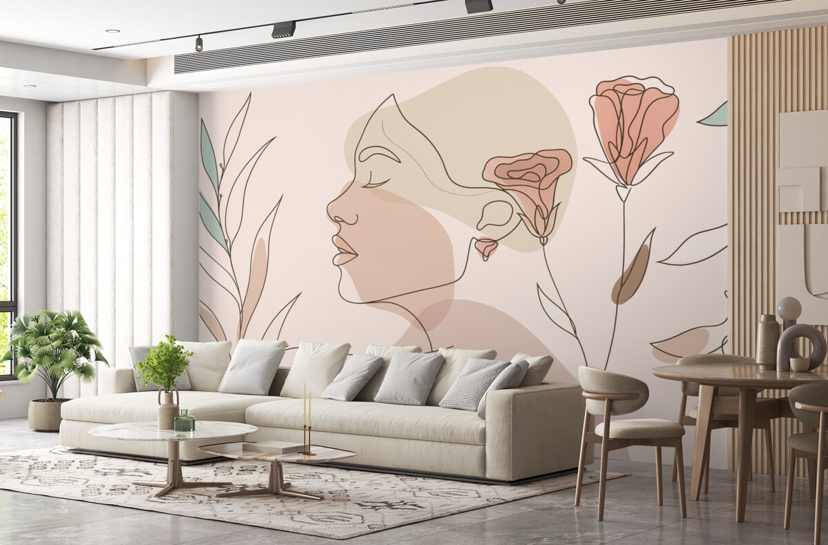 Fototapeta Dziewczyna z paskami, barwne kwiaty.