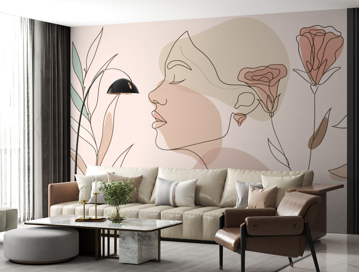 Fototapeta Dziewczyna z paskami, barwne kwiaty.