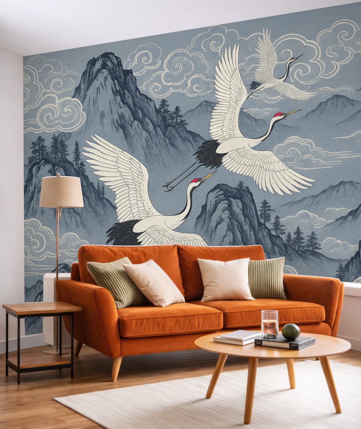 Fototapeta Góry i żurawie w japońskim stylu, w odcieniach niebieskiego.