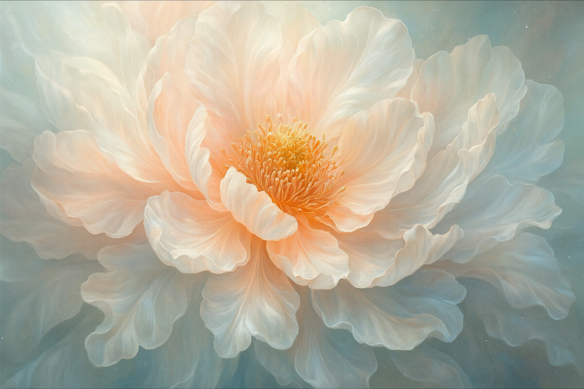 Fototapeta Fantasijna, lekka wizja dużego, subtelnego kwiatu w delikatnych pastelowych tonach.