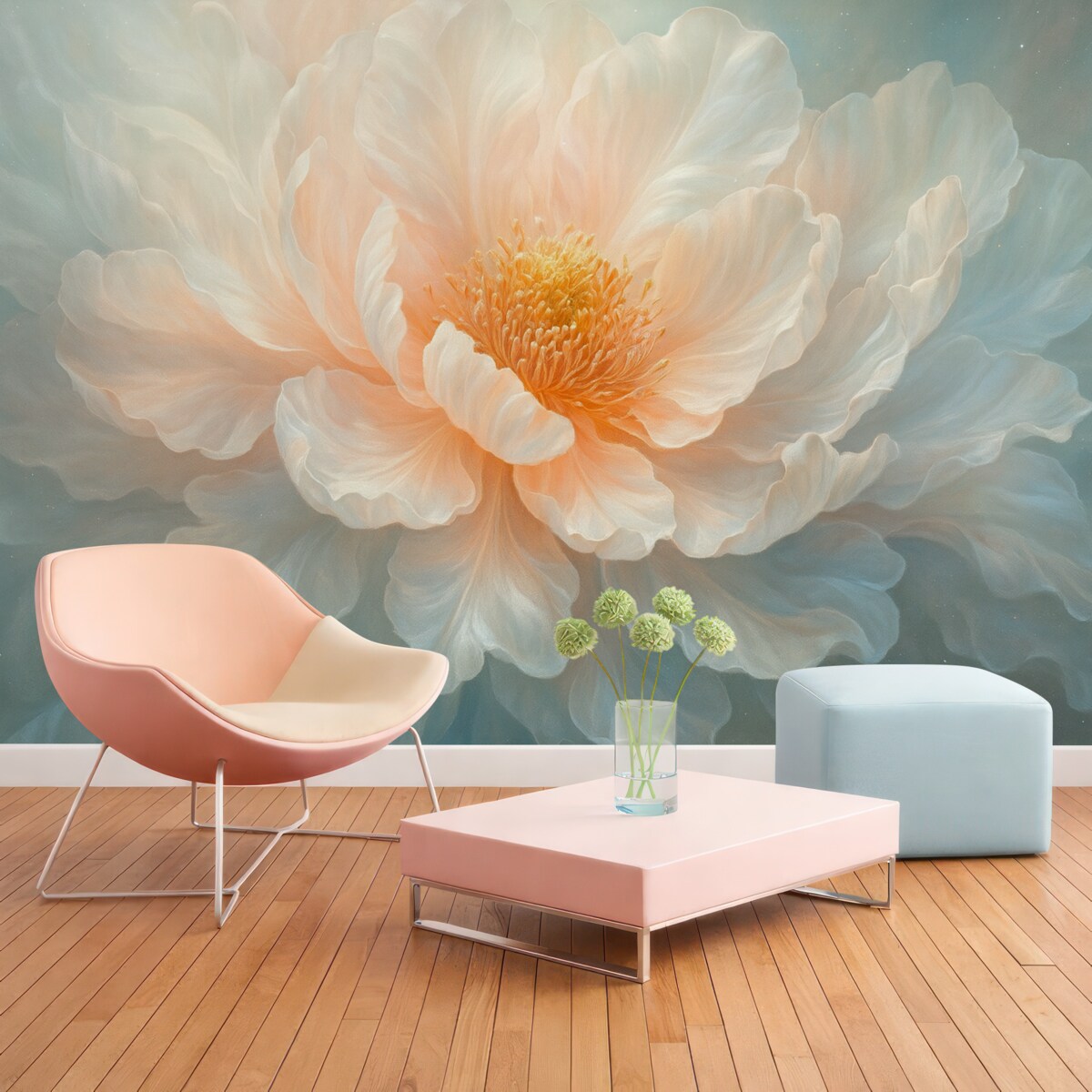 Fototapeta Fantasijna, lekka wizja dużego, subtelnego kwiatu w delikatnych pastelowych tonach.