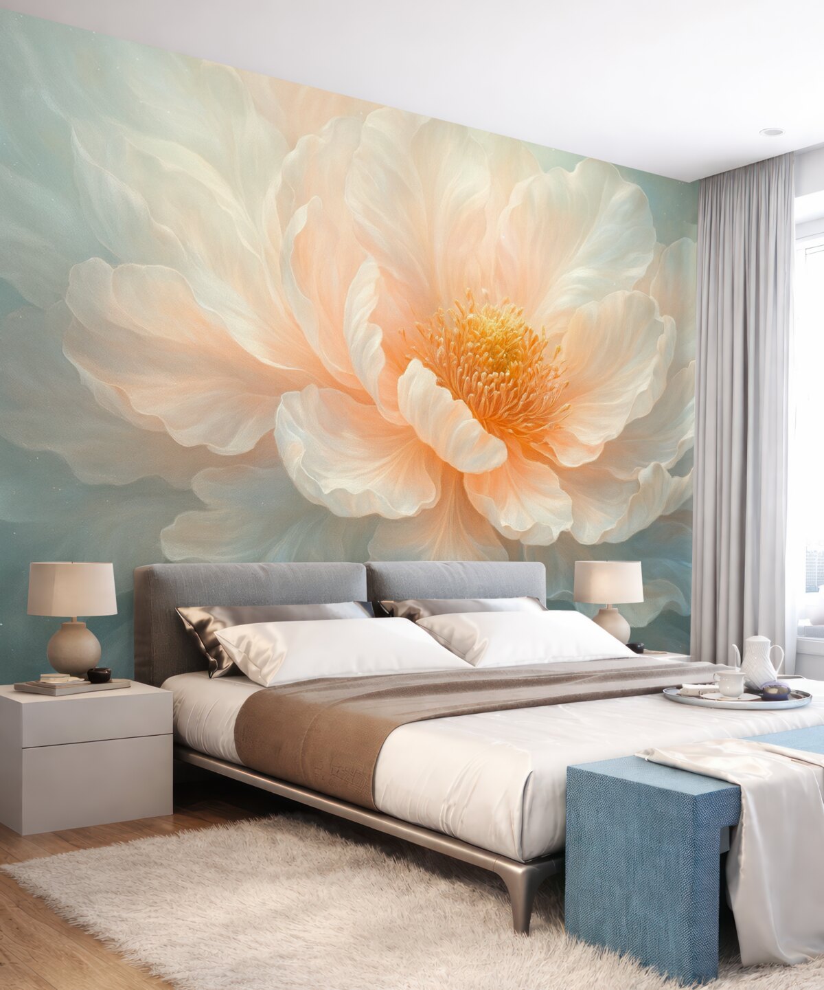 Fototapeta Fantasijna, lekka wizja dużego, subtelnego kwiatu w delikatnych pastelowych tonach.