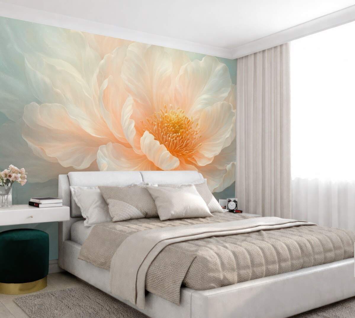 Fototapeta Fantasijna, lekka wizja dużego, subtelnego kwiatu w delikatnych pastelowych tonach.