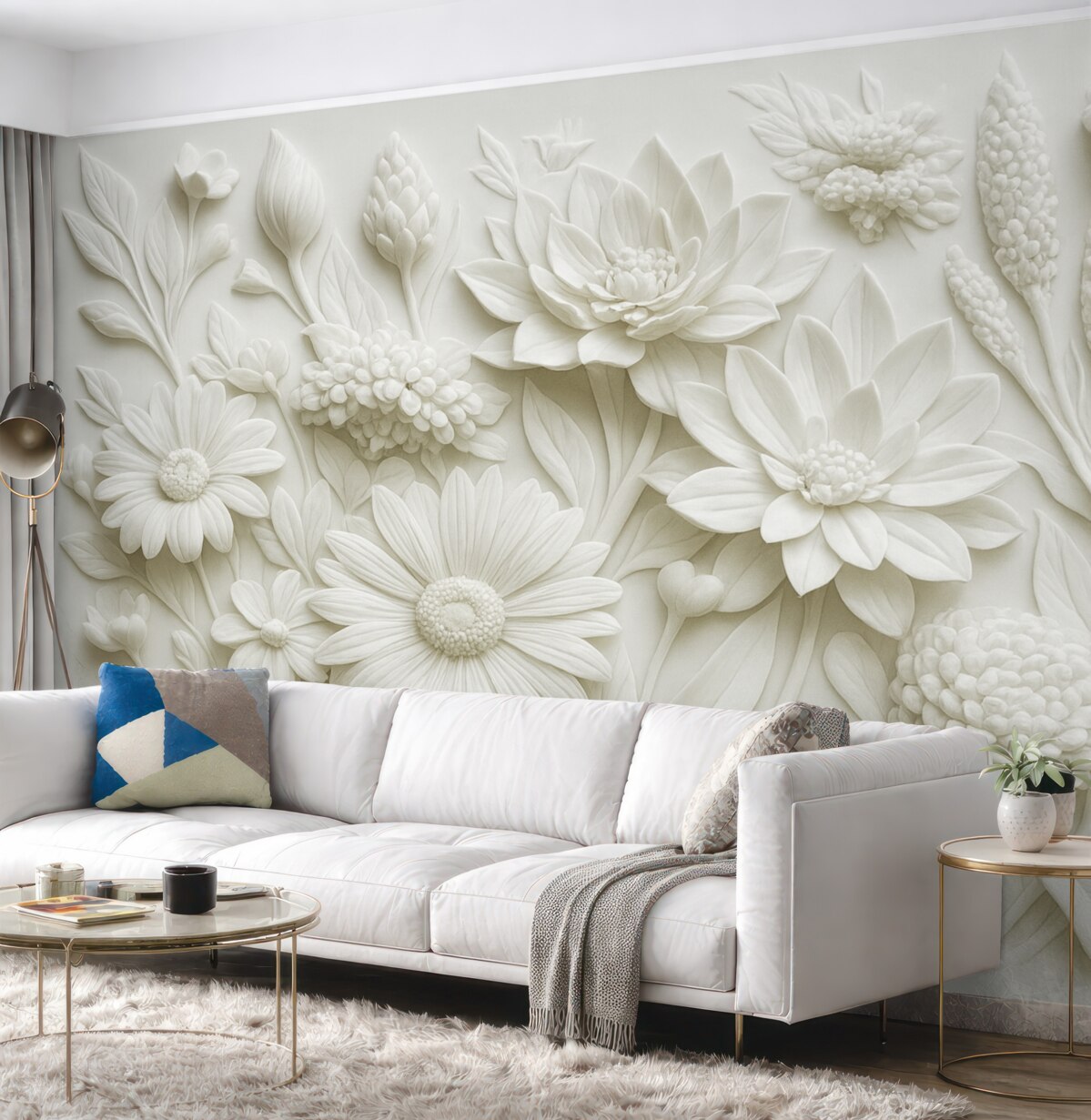 Fototapeta Tapeta w stylu rzeźby płaskiej z ogrodowymi kwiatami.