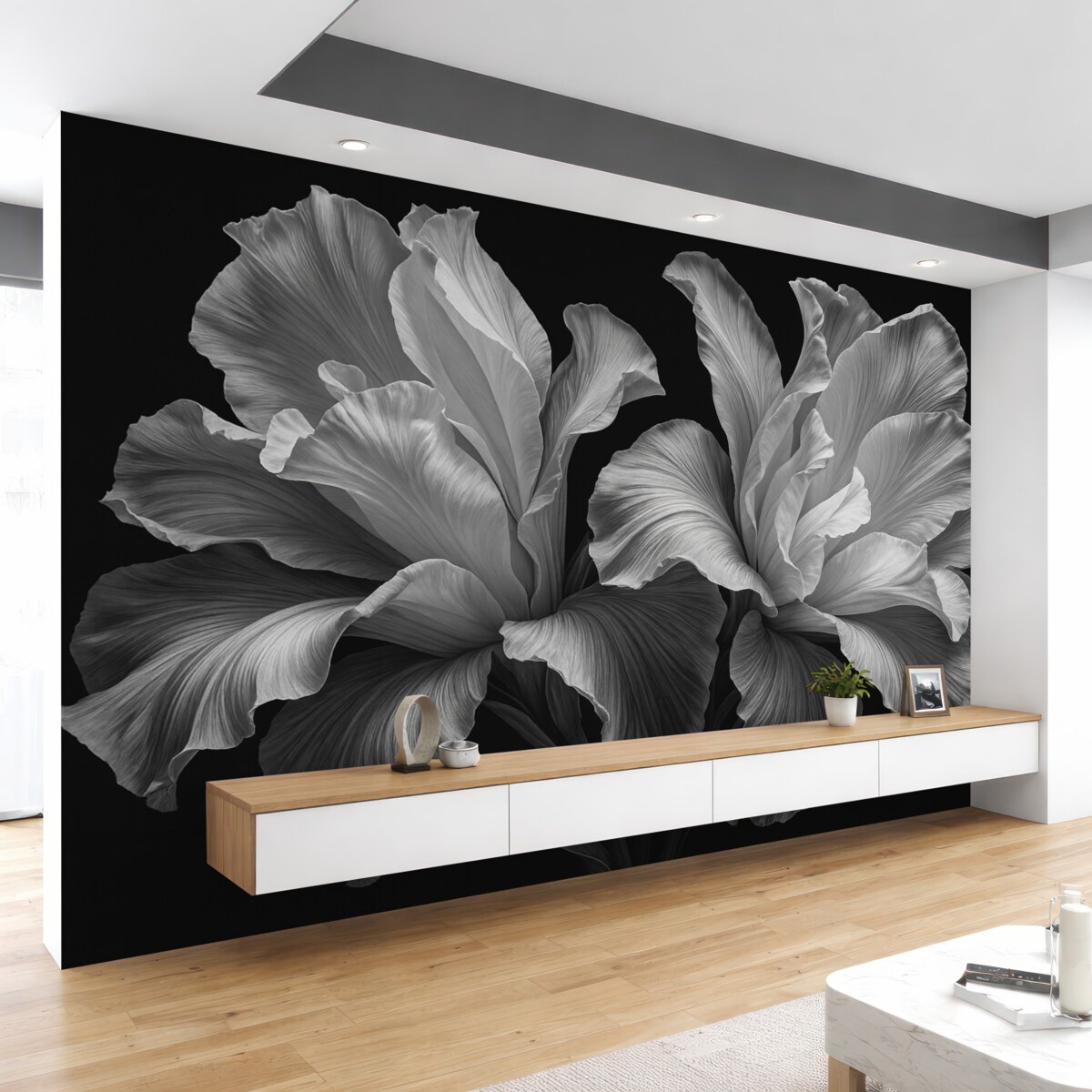 Fototapeta Wielkie płatki kwiatów w odcieniach czerni i bieli.