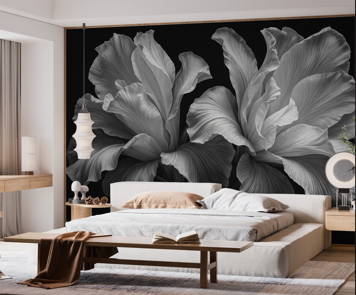Fototapeta Wielkie płatki kwiatów w odcieniach czerni i bieli.