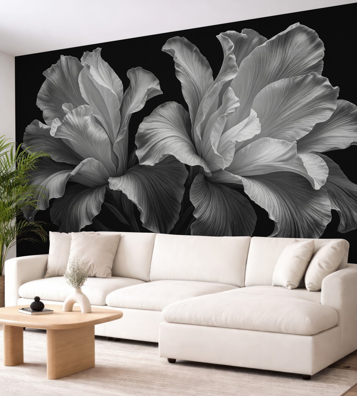 Fototapeta Wielkie płatki kwiatów w odcieniach czerni i bieli.