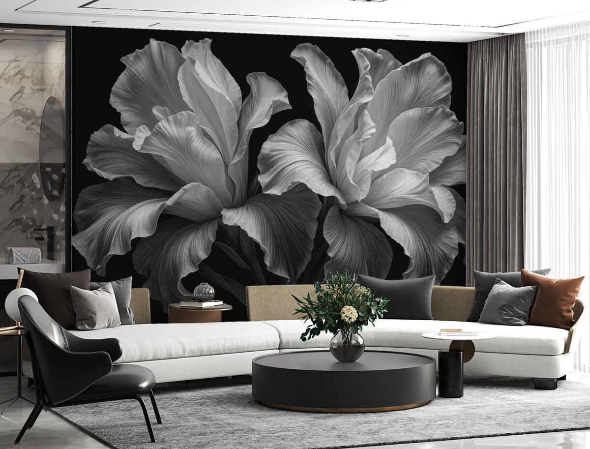 Fototapeta Wielkie płatki kwiatów w odcieniach czerni i bieli.