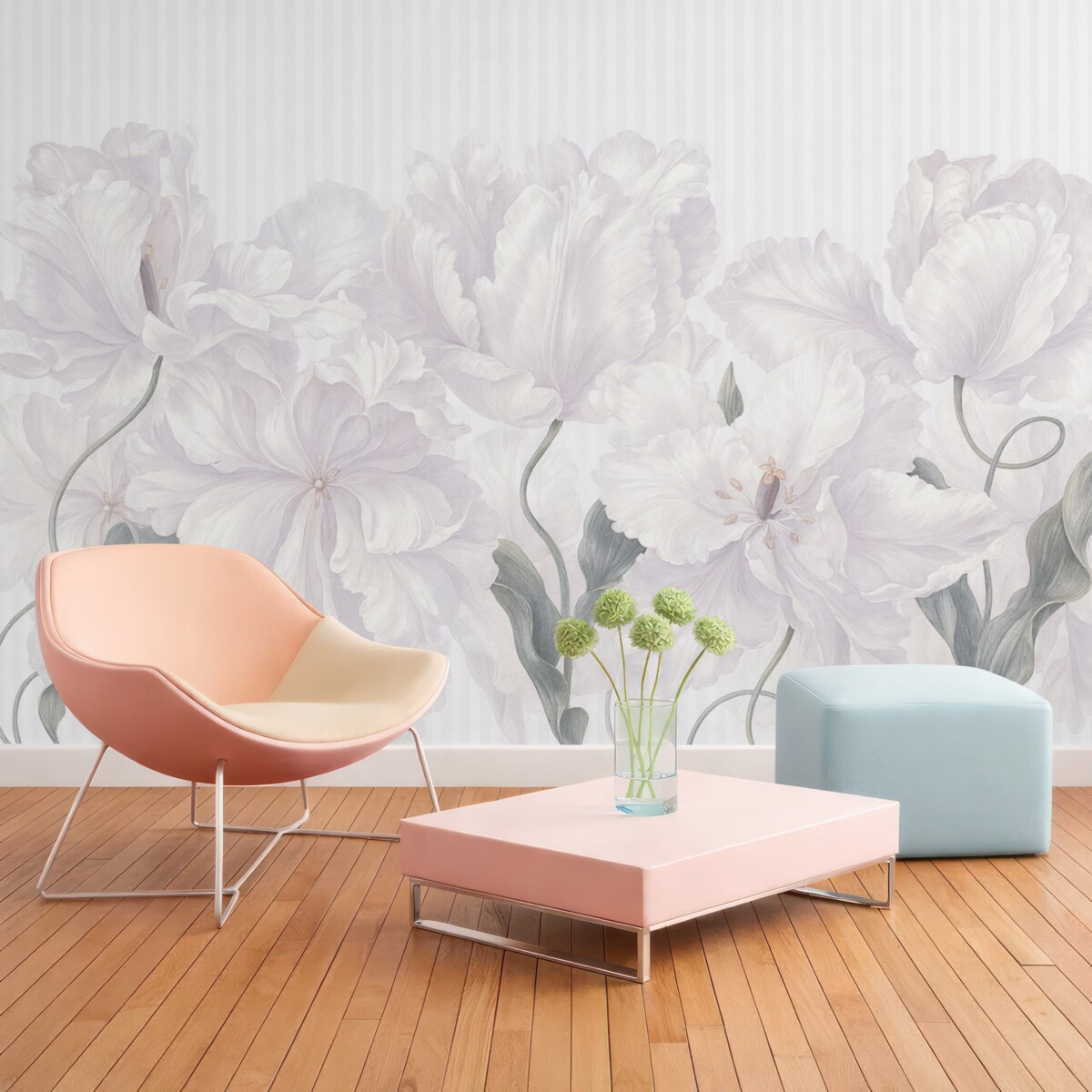 Fototapeta Subtelne różowe kwiaty na prążkowanym tle.