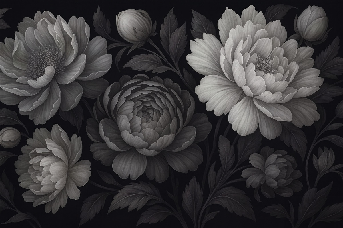 Fototapeta Czarne oraz szare kwiaty na mrocznym tle.