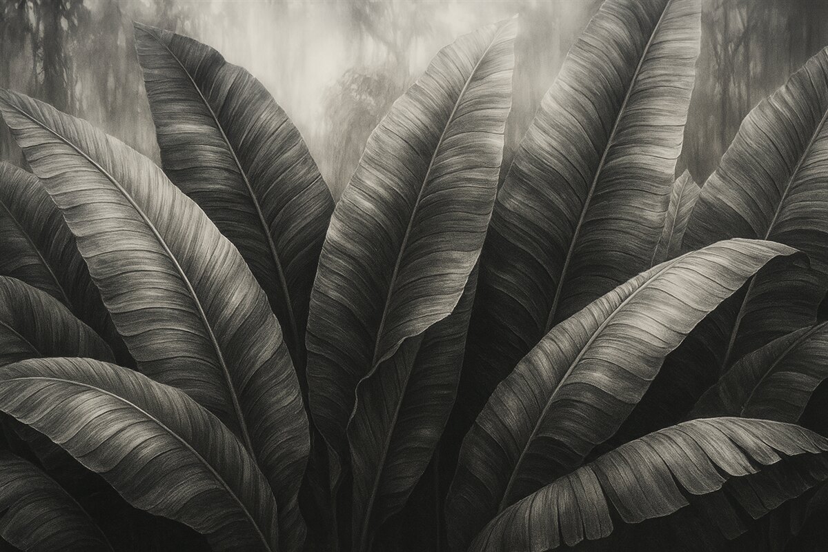 Fototapeta Jednokolorowe tropikalne liście bananowca na ciemnym tle.