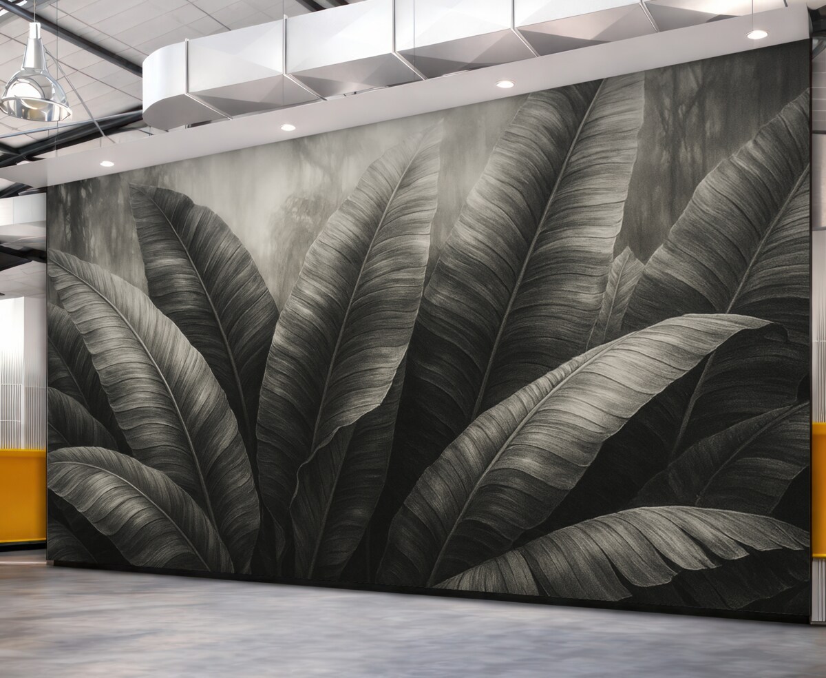 Fototapeta Jednokolorowe tropikalne liście bananowca na ciemnym tle.